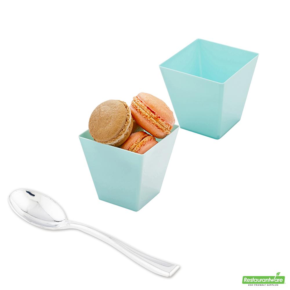 Wholesale Restaurantware Bundle: 100 8 Oz Square Baby Blue Large Kova Cups and 100 Silver 4 Spoons- Bulk