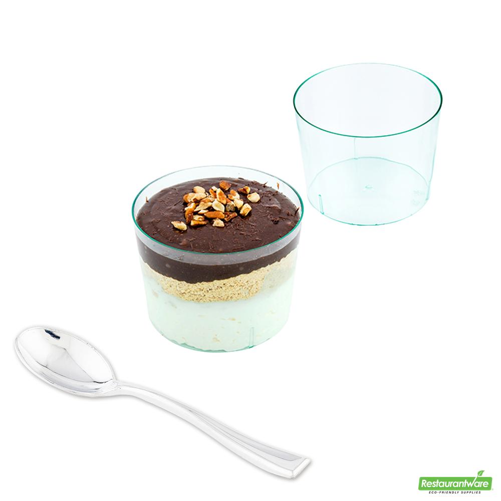 Wholesale Restaurantware Bundle: 100 6 Oz Round Seagreen Cylindro Cups and 100 Silver 4 Spoons- Bulk