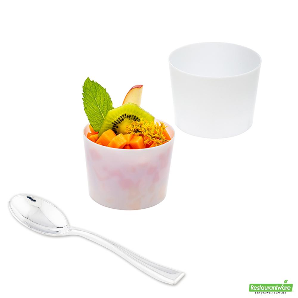 Wholesale Restaurantware Bundle: 100 6 Oz Round White Cylindro Cups and 100 Silver 4 Spoons- Bulk