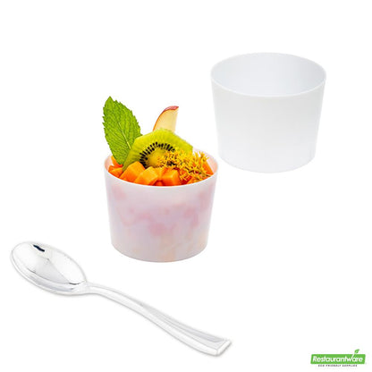 Wholesale Restaurantware Bundle: 100 6 Oz Round White Cylindro Cups and 100 Silver 4 Spoons- Bulk