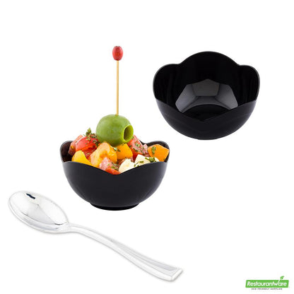 Wholesale Restaurantware Bundle: 100 2 Oz Round Black Le Fleur Cups and 100 Silver 4 Spoons- Bulk