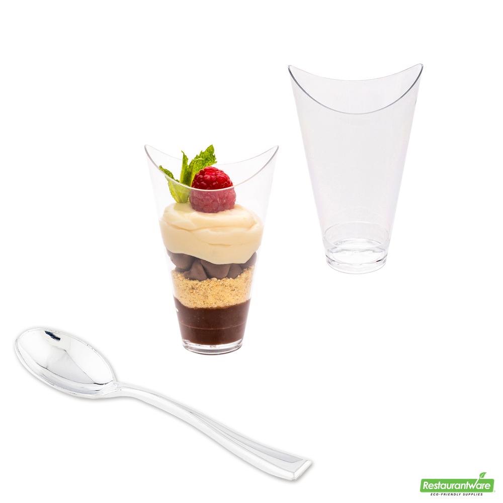 Wholesale Restaurantware Bundle: 100 3 Oz Clear Mini Mezzaluna Cups and 100 Silver 4 Spoons- Bulk