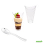 Wholesale Restaurantware Bundle: 100 3 Oz Clear Mini Mezzaluna Cups and 100 Silver 4 Spoons- Bulk