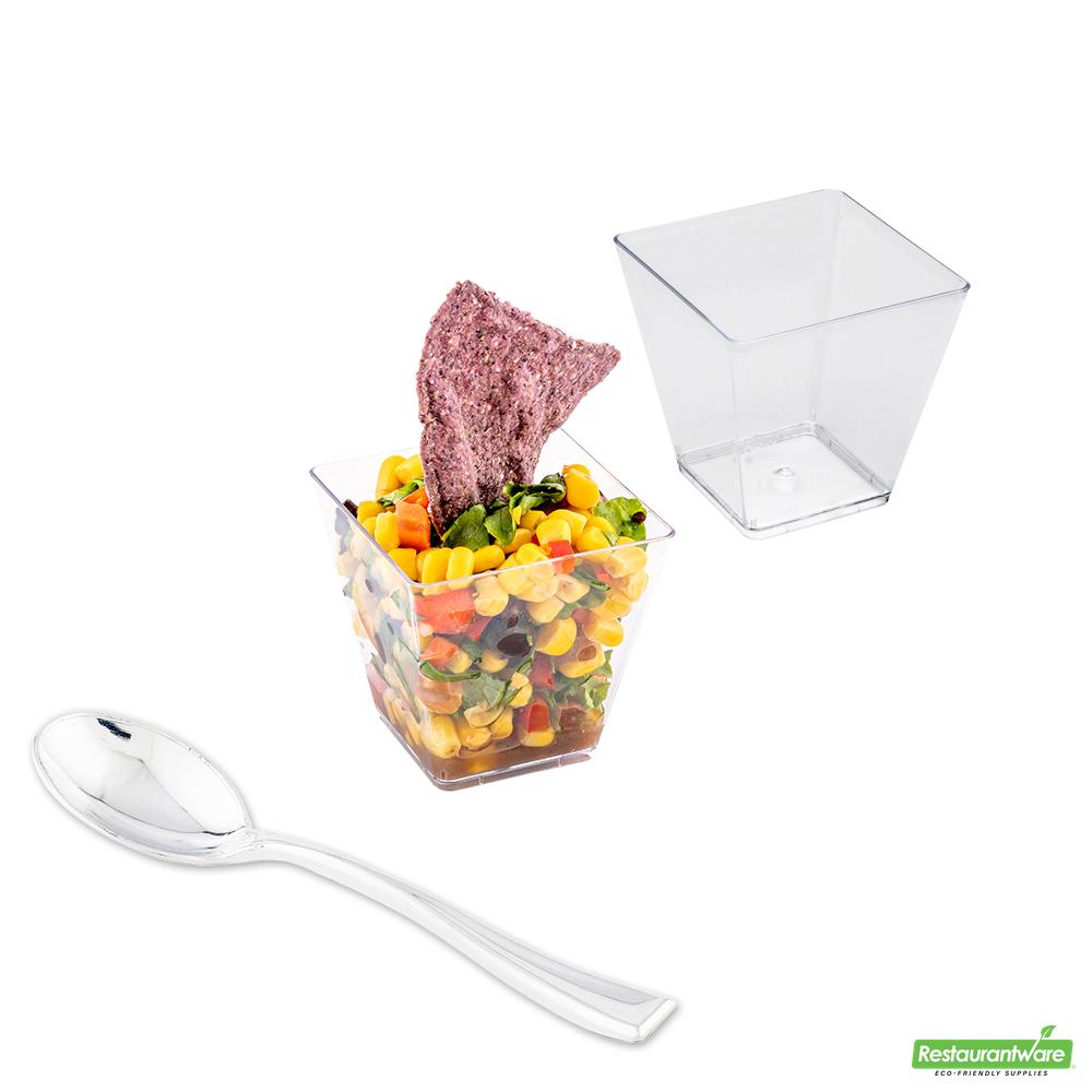 Wholesale Restaurantware Bundle: 100 5 Oz Square Clear Medium Kova Cups and 100 Silver 4 Spoons- Bulk