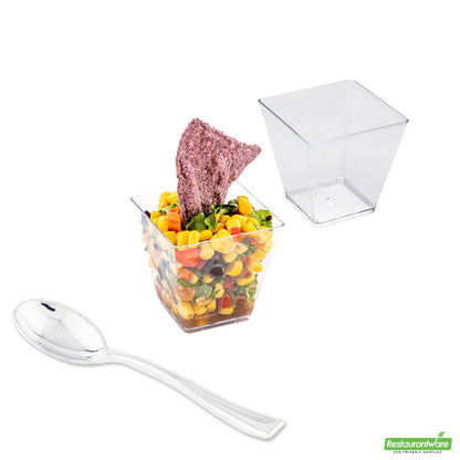 Wholesale Restaurantware Bundle: 100 5 Oz Square Clear Medium Kova Cups and 100 Silver 4 Spoons- Bulk