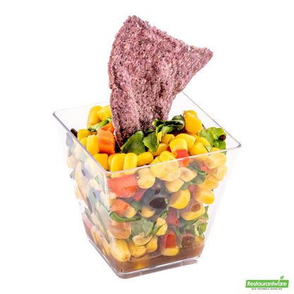 Wholesale Restaurantware Bundle: 100 5 Oz Square Clear Medium Kova Cups and 100 Silver 4 Spoons- Bulk
