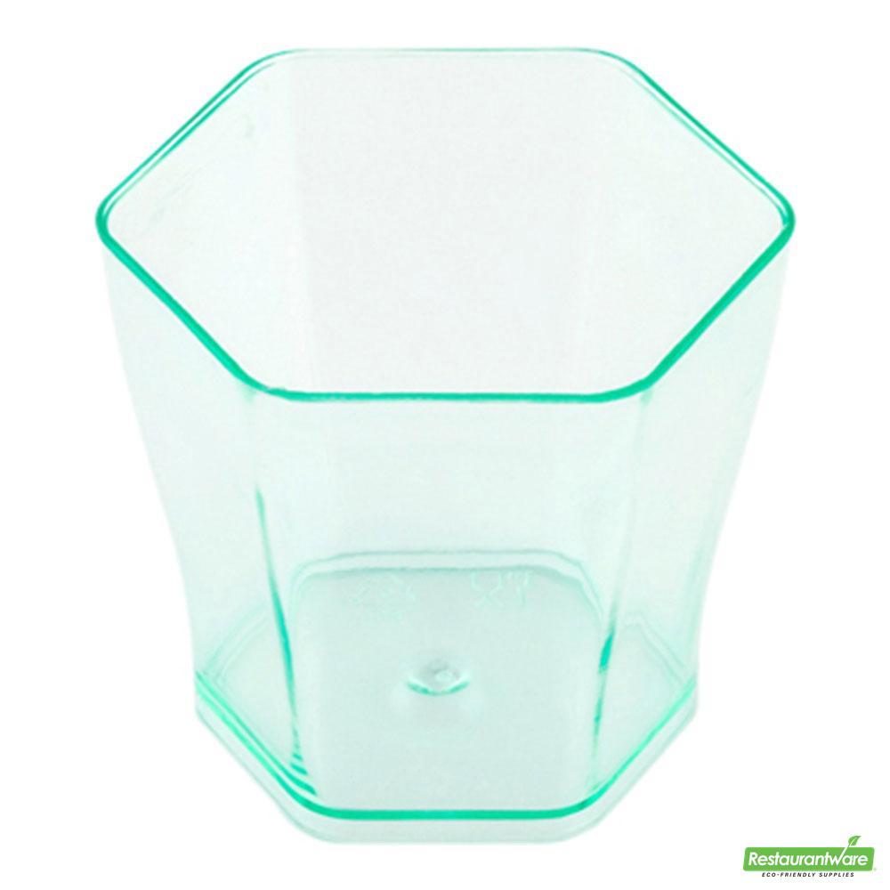 Wholesale Restaurantware Bundle: 100 2 Oz Hexagon Seagreen Plastic Glass and 100 Plastic 4 Spoons- Bulk