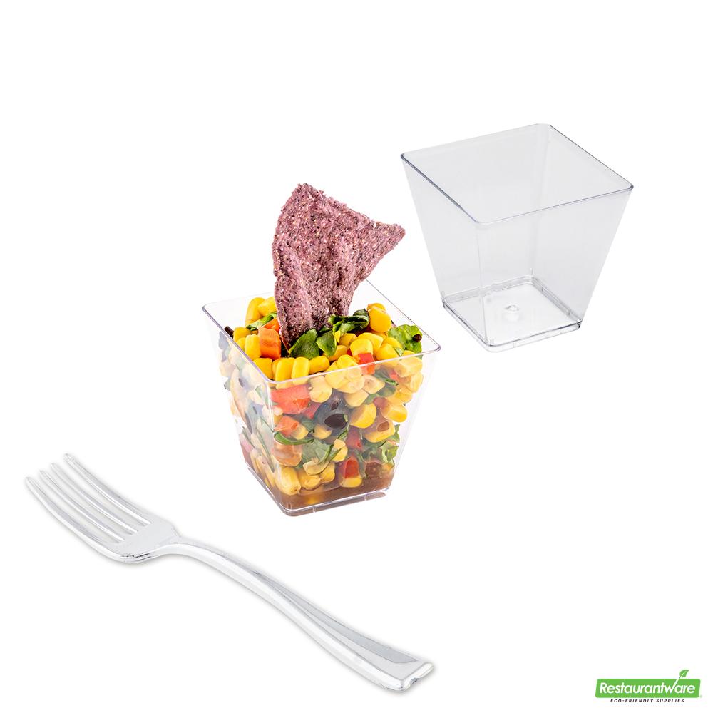 Wholesale Restaurantware Bundle: 100 5 Oz Square Clear Plastic Medium Kova Cups and 100 Mini Forks- Bulk