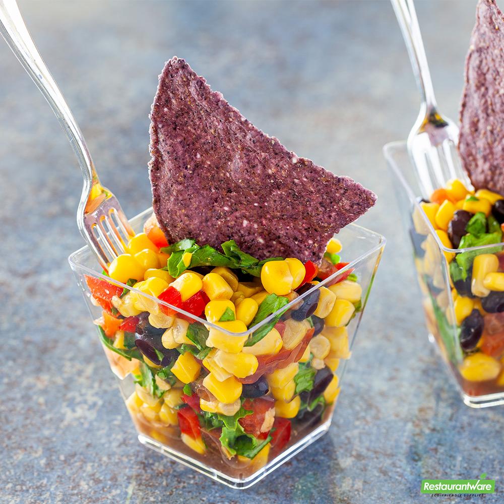 Wholesale Restaurantware Bundle: 100 5 Oz Square Clear Plastic Medium Kova Cups and 100 Mini Forks- Bulk