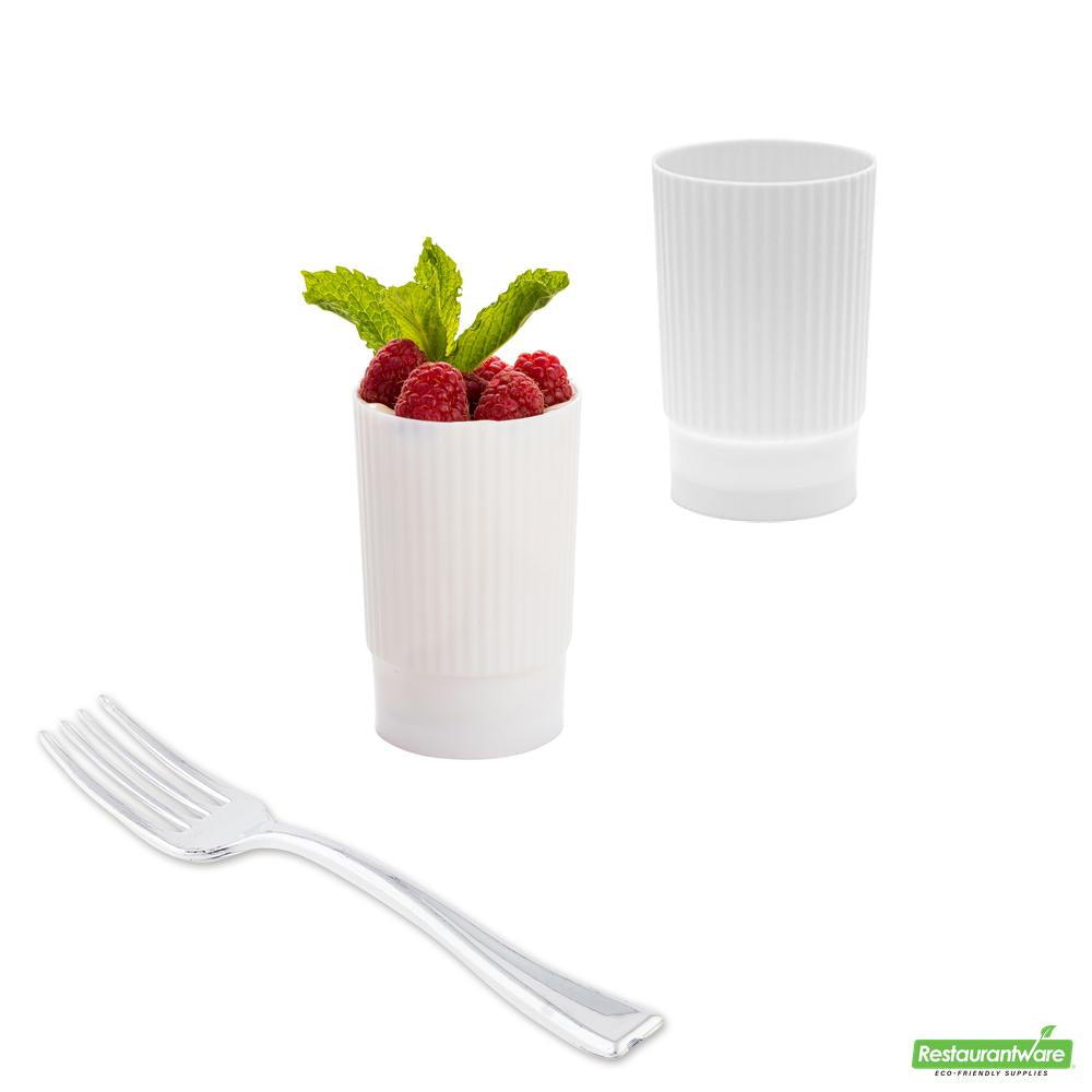 Wholesale Restaurantware Bundle: 100 4 Oz White Plastic Toque Parfait Cups and 100 Mini Forks- Bulk