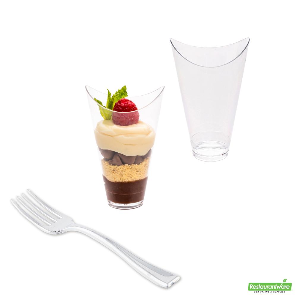 Wholesale Restaurantware Bundle: 100 3 Oz Clear Plastic Mini Mezzaluna Cups and 100 Mini Forks- Bulk