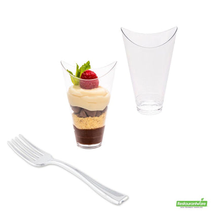 Wholesale Restaurantware Bundle: 100 3 Oz Clear Plastic Mini Mezzaluna Cups and 100 Mini Forks- Bulk