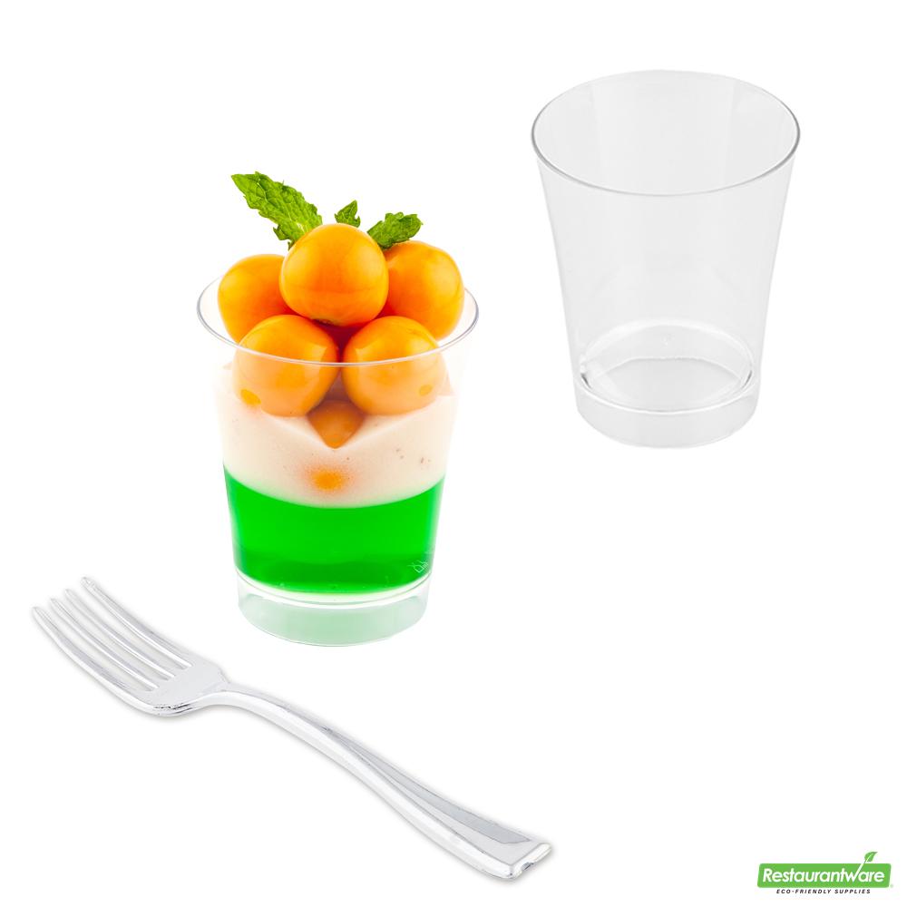 Wholesale Restaurantware 100 3 Oz Round Clear Plastic Mini Parfait Glass and 100 Silver Plastic 4" Mini Forks- Bulk
