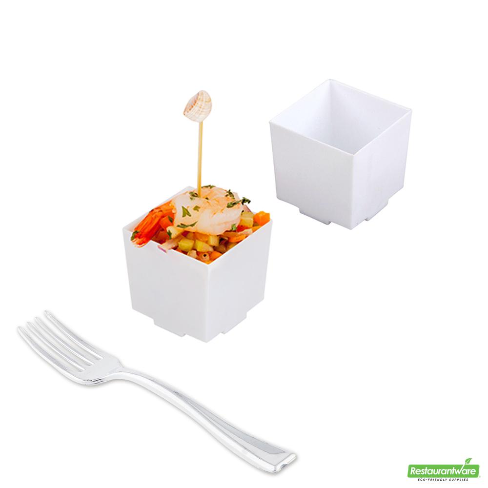 Wholesale Restaurantware 100 3 Oz Square White Plastic Quadrato Cups and 100 Silver Plastic 4 Mini Forks- Bulk