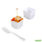 Wholesale Restaurantware 100 3 Oz Square White Plastic Quadrato Cups and 100 Silver Plastic 4 Mini Forks- Bulk