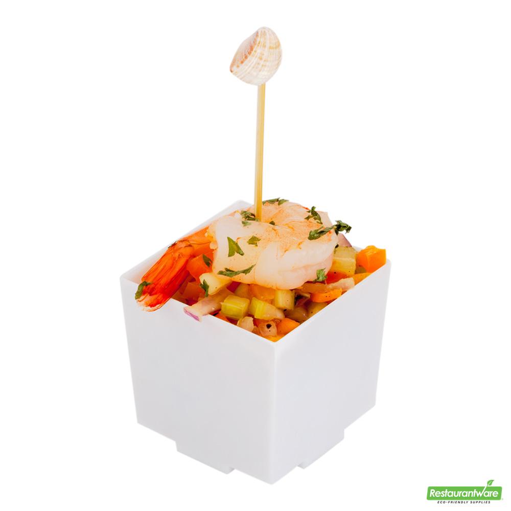 Wholesale Restaurantware 100 3 Oz Square White Plastic Quadrato Cups and 100 Silver Plastic 4 Mini Forks- Bulk