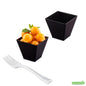 Wholesale Restaurantware 100 2 Oz Square Black Plastic Mini Kova Cups and 100 Silver Plastic 4 Mini Forks- Bulk