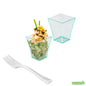Wholesale Restaurantware 100 2 Oz Square Seagreen Plastic Bonito Cups and 100 Silver Plastic 4" Mini Forks- Bulk
