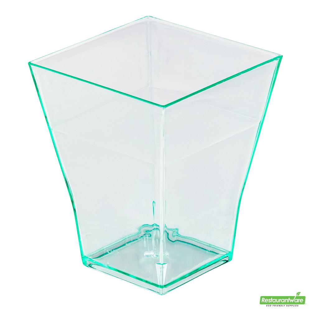 Wholesale Restaurantware 100 2 Oz Square Seagreen Plastic Bonito Cups and 100 Silver Plastic 4" Mini Forks- Bulk