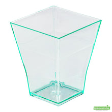 Wholesale Restaurantware 100 2 Oz Square Seagreen Plastic Bonito Cups and 100 Silver Plastic 4" Mini Forks- Bulk