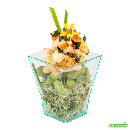 Wholesale Restaurantware 100 2 Oz Square Seagreen Plastic Bonito Cups and 100 Silver Plastic 4" Mini Forks- Bulk
