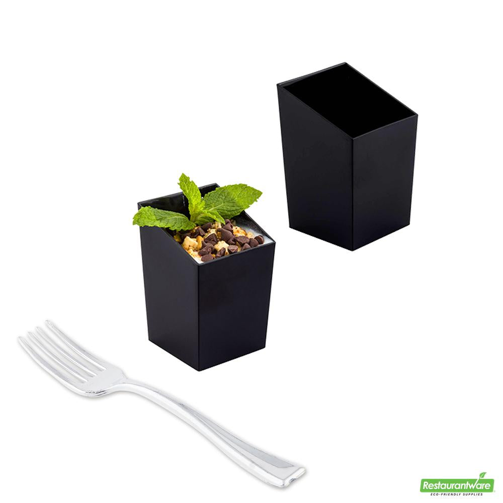 Wholesale Restaurantware 100 3 Oz Square Black Plastic Incline Cups and 100 Silver Plastic 4" Mini Forks- Bulk