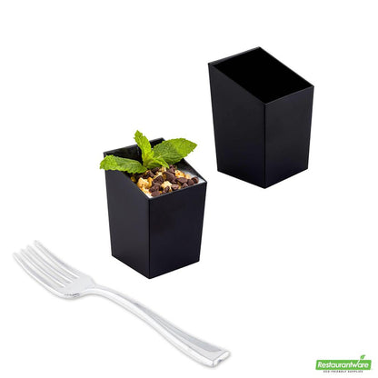Wholesale Restaurantware 100 3 Oz Square Black Plastic Incline Cups and 100 Silver Plastic 4" Mini Forks- Bulk
