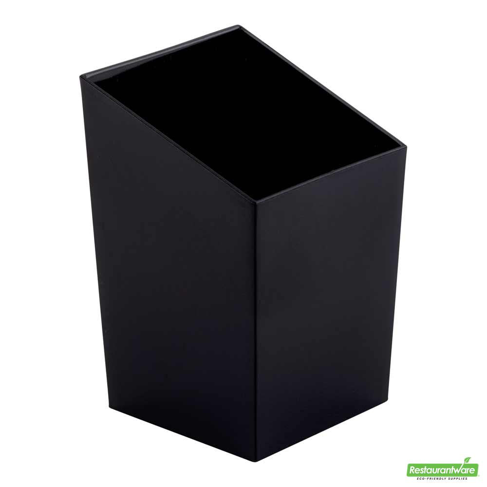 Wholesale Restaurantware 100 3 Oz Square Black Plastic Incline Cups and 100 Silver Plastic 4" Mini Forks- Bulk