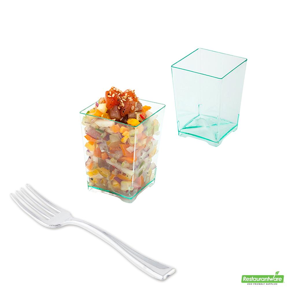 Wholesale Restaurantware 100 4 Oz Square Seagreen Plastic Tall Quadrato Cups and 100 Silver Plastic 4 Mini Forks- Bulk