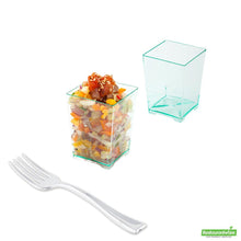 Wholesale Restaurantware 100 4 Oz Square Seagreen Plastic Tall Quadrato Cups and 100 Silver Plastic 4 Mini Forks- Bulk