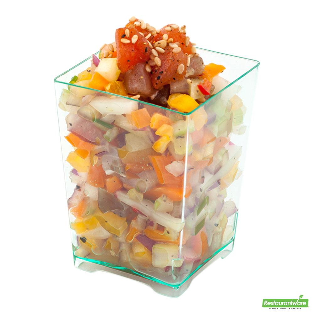 Wholesale Restaurantware 100 4 Oz Square Seagreen Plastic Tall Quadrato Cups and 100 Silver Plastic 4 Mini Forks- Bulk