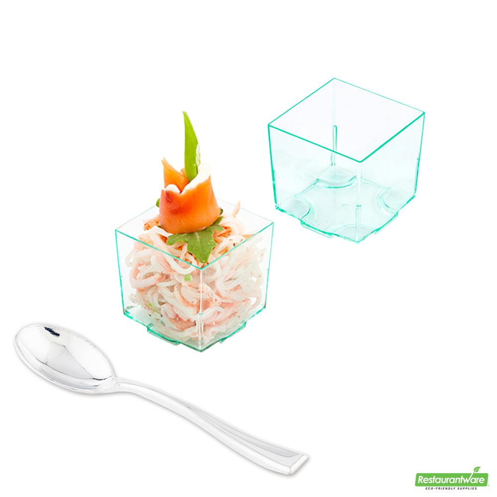 Wholesale Restaurantware 100 3 Oz Square Seagreen Plastic Quadrato Cups and 100 Silver Plastic 4" Mini Spoons- Bulk