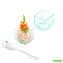 Wholesale Restaurantware 100 3 Oz Square Seagreen Plastic Quadrato Cups and 100 Silver Plastic 4" Mini Spoons- Bulk