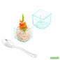 Wholesale Restaurantware 100 3 Oz Square Seagreen Plastic Quadrato Cups and 100 Silver Plastic 4" Mini Spoons- Bulk