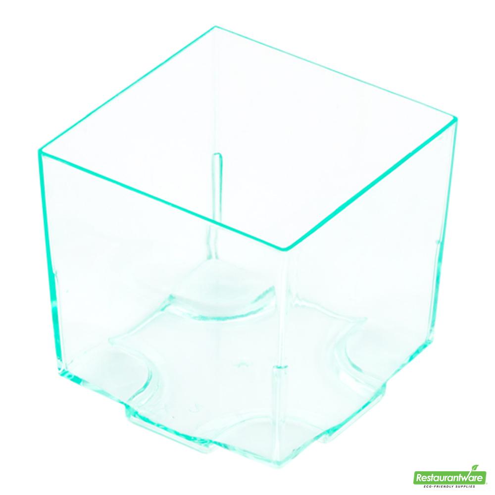 Wholesale Restaurantware 100 3 Oz Square Seagreen Plastic Quadrato Cups and 100 Silver Plastic 4" Mini Spoons- Bulk
