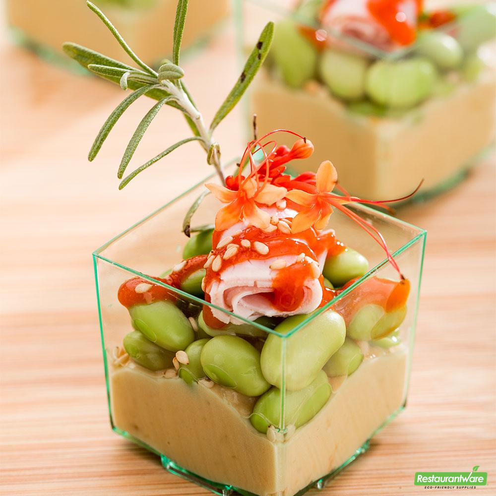Wholesale Restaurantware 100 3 Oz Square Seagreen Plastic Quadrato Cups and 100 Silver Plastic 4" Mini Spoons- Bulk