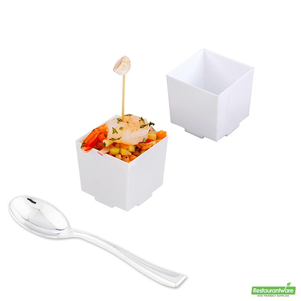 Wholesale Restaurantware 100 3 Oz Square White Plastic Quadrato Cups and 100 Silver Plastic 4" Mini Spoons- Bulk