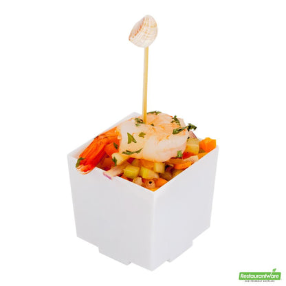 Wholesale Restaurantware 100 3 Oz Square White Plastic Quadrato Cups and 100 Silver Plastic 4" Mini Spoons- Bulk