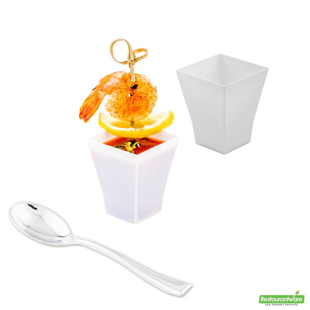 Wholesale Restaurantware Bundle: 100 2 Oz Square White Plastic Bonito Cups with 100 Silver Plastic 4 Mini Spoons- Bulk