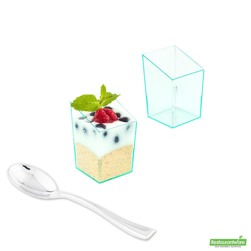 Wholesale Restaurantware Bundle: 100 3 Oz Square Seagreen Plastic Incline Cups with 100 Silver Plastic 4" Mini Spoons- Bulk