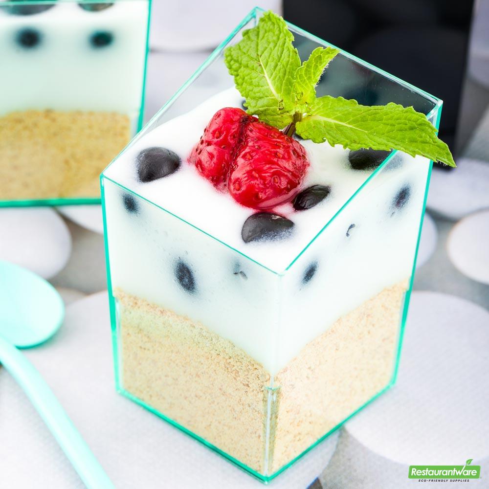 Wholesale Restaurantware Bundle: 100 3 Oz Square Seagreen Plastic Incline Cups with 100 Silver Plastic 4" Mini Spoons- Bulk
