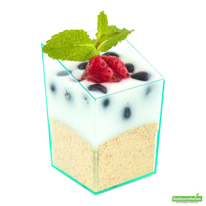 Wholesale Restaurantware Bundle: 100 3 Oz Square Seagreen Plastic Incline Cups with 100 Silver Plastic 4" Mini Spoons- Bulk