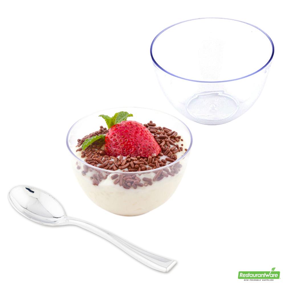 Wholesale Restaurantware 100 4 Oz Round Clear Plastic Bodega Cups and 100 Silver Plastic 4" Mini Spoons- Bulk