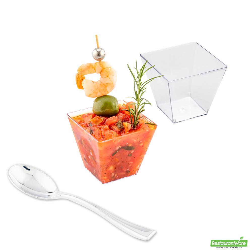 Wholesale Restaurantware 100 4 Oz Square Clear Plastic Small Kova Cups and 100 Silver Plastic 4 Mini Spoons- Bulk