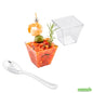 Wholesale Restaurantware 100 4 Oz Square Clear Plastic Small Kova Cups and 100 Silver Plastic 4 Mini Spoons- Bulk