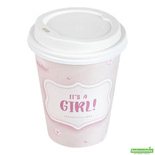 Wholesale Restaurantware Restpresso 12 Oz It's a Girl Paper Single Wall Coffee Cup - with White Lid - 3 1/2 X 3 1/2 X 4 3/4 - 400 Count Box- Bulk
