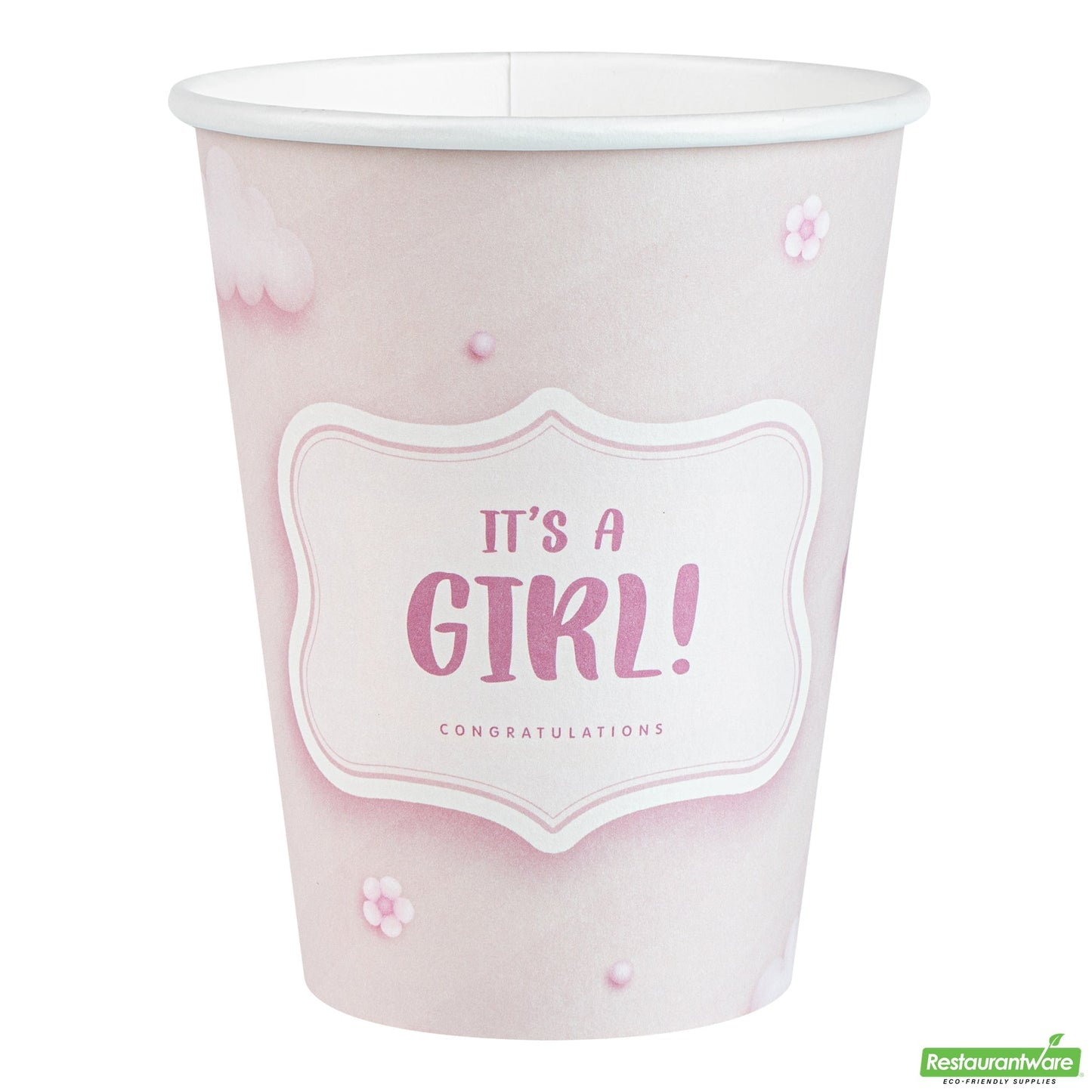 Wholesale Restaurantware Restpresso 12 Oz It's a Girl Paper Single Wall Coffee Cup - with White Lid - 3 1/2 X 3 1/2 X 4 3/4 - 400 Count Box- Bulk