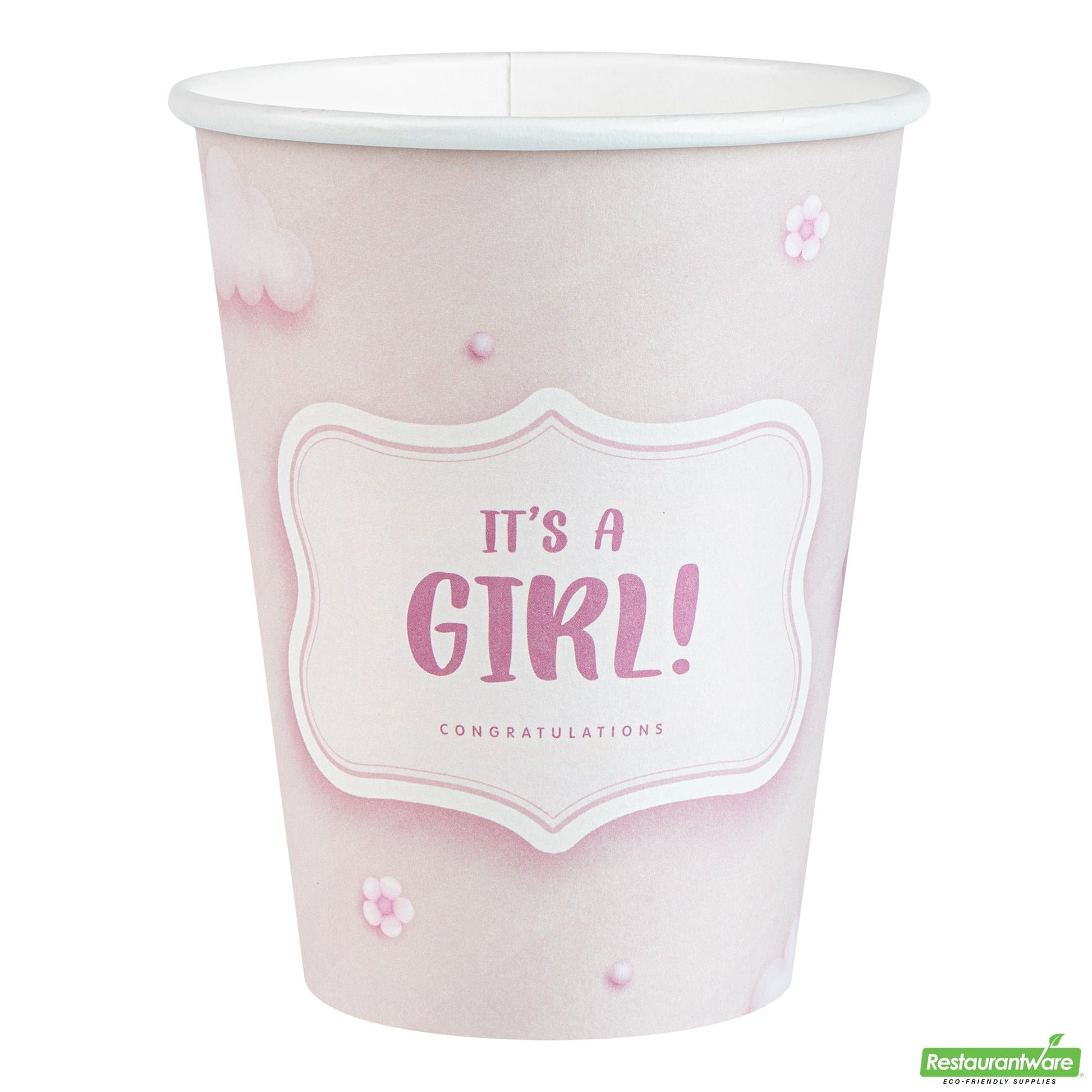 Wholesale Restaurantware Restpresso 12 Oz It's a Girl Paper Single Wall Coffee Cup - with White Lid - 3 1/2 X 3 1/2 X 4 3/4 - 400 Count Box- Bulk