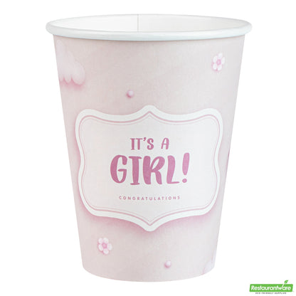 Wholesale Restaurantware Restpresso 12 Oz It's a Girl Paper Single Wall Coffee Cup - with White Lid - 3 1/2 X 3 1/2 X 4 3/4 - 400 Count Box- Bulk