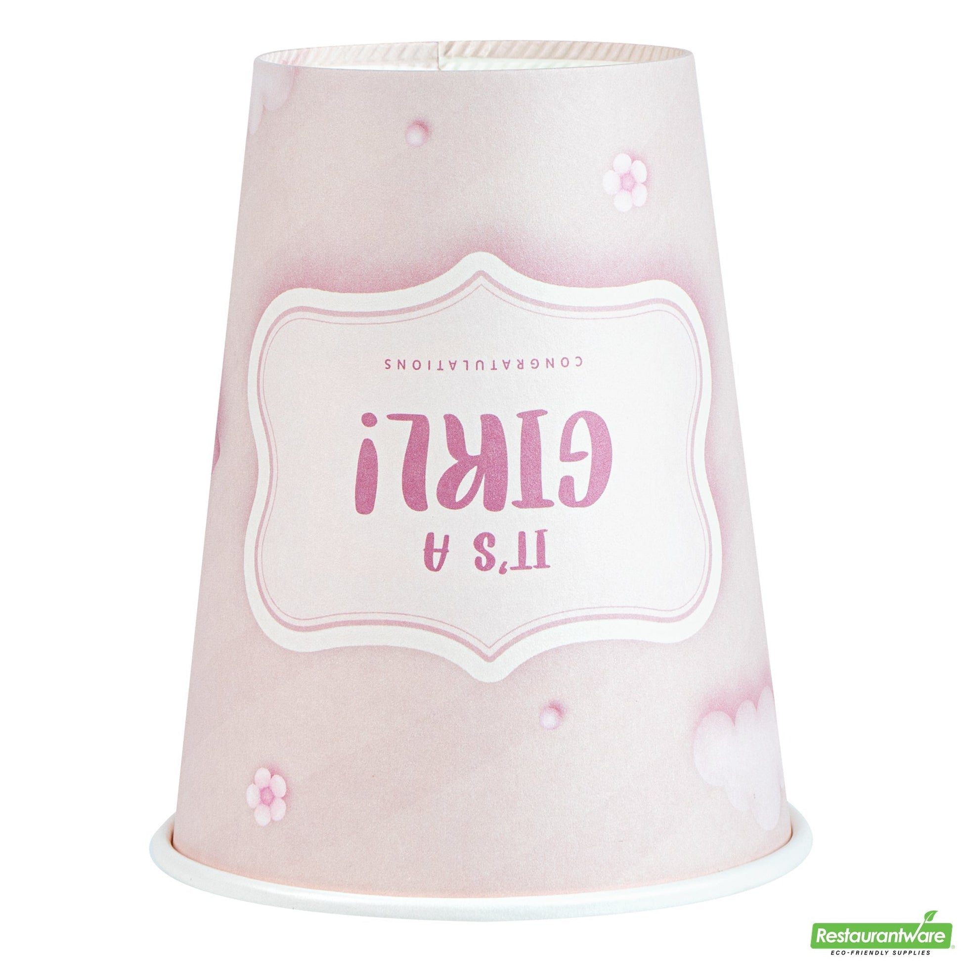 Wholesale Restaurantware Restpresso 12 Oz It's a Girl Paper Single Wall Coffee Cup - with White Lid - 3 1/2 X 3 1/2 X 4 3/4 - 400 Count Box- Bulk
